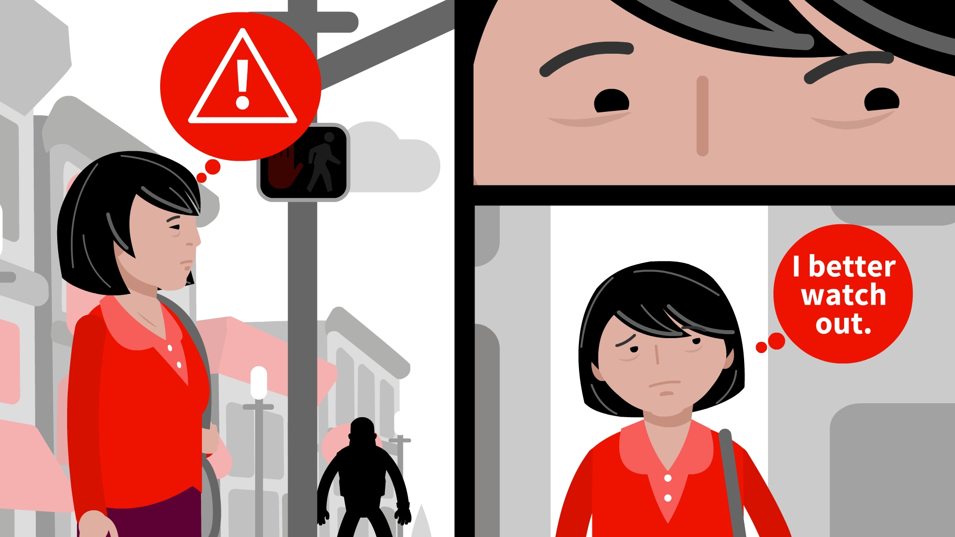 Frightened Asian woman watches out for danger as she walks the streets in her neighborhood in an animation created for AARP by Producto Studios